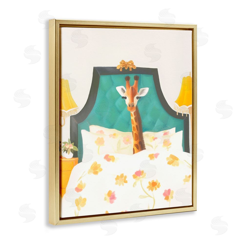 Leah Straatsma Good Morning Giraffe in Bed Gold Floating Frame Canvas Wall Art Print