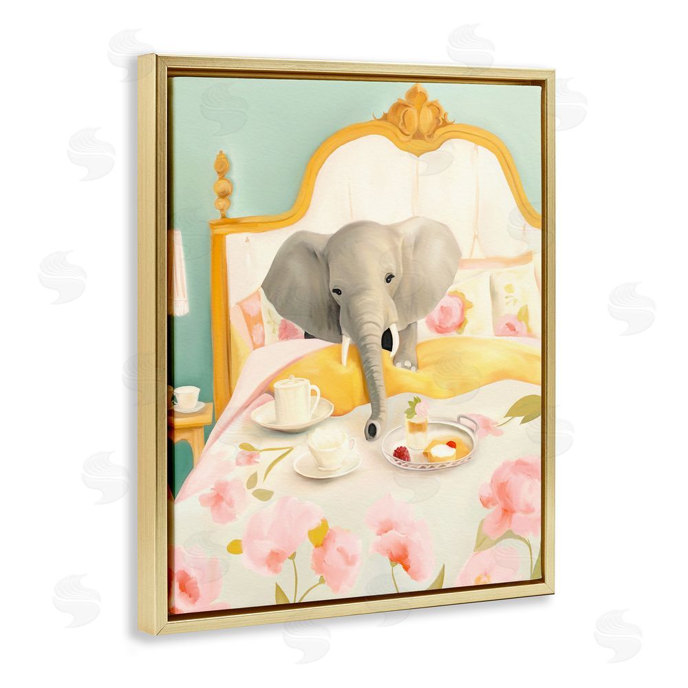 Leah Straatsma Breakfast in Bed Elephant Gold Floating Frame Canvas Wall Art Print