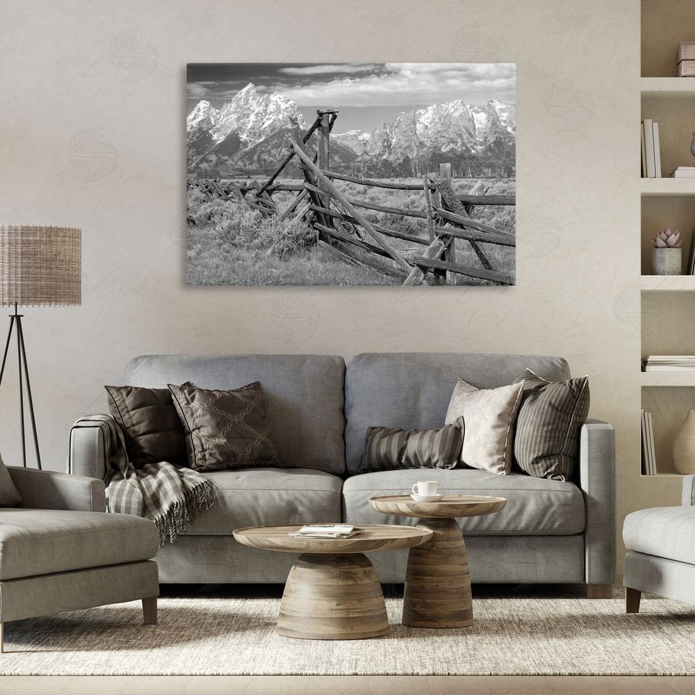 MJ Photography Grand Tetons Mountains & Fence Stretched Canvas Wall Art Print in Room