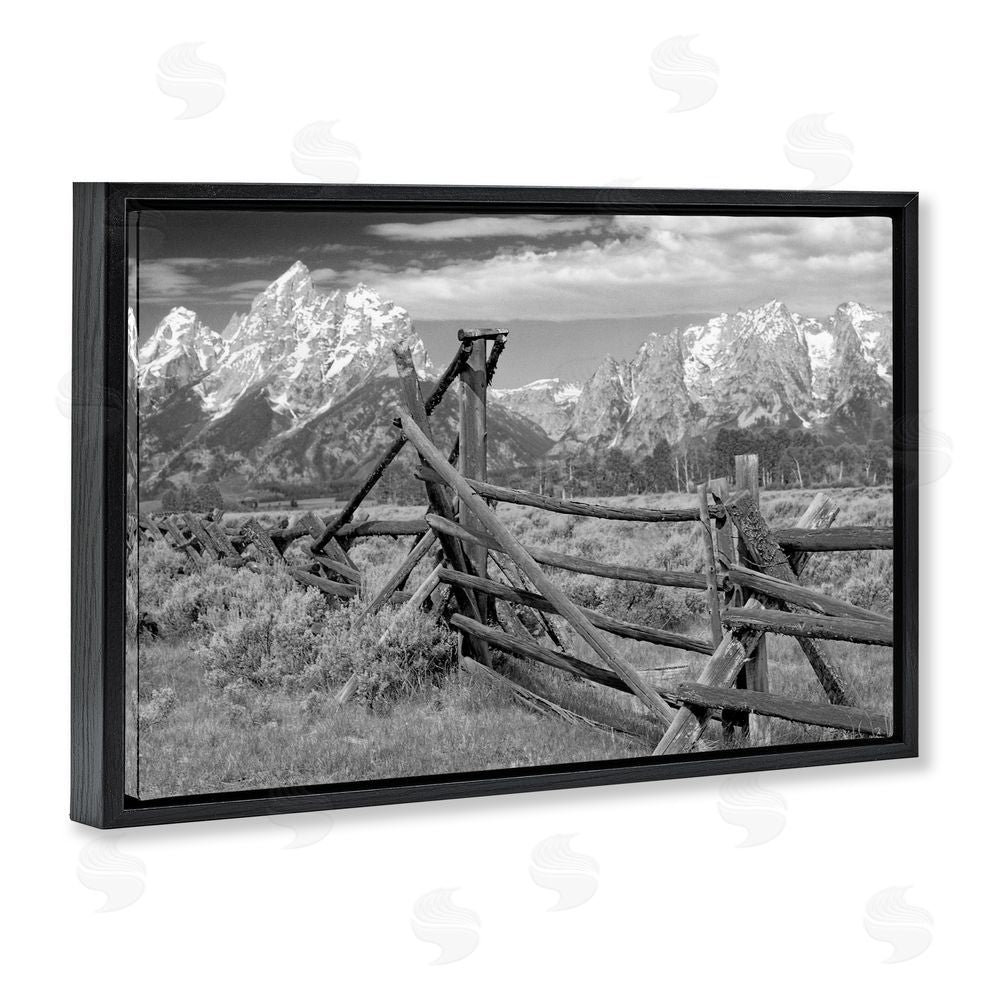 MJ Photography Grand Tetons Mountains & Fence Black Floating Frame Canvas Wall Art Print