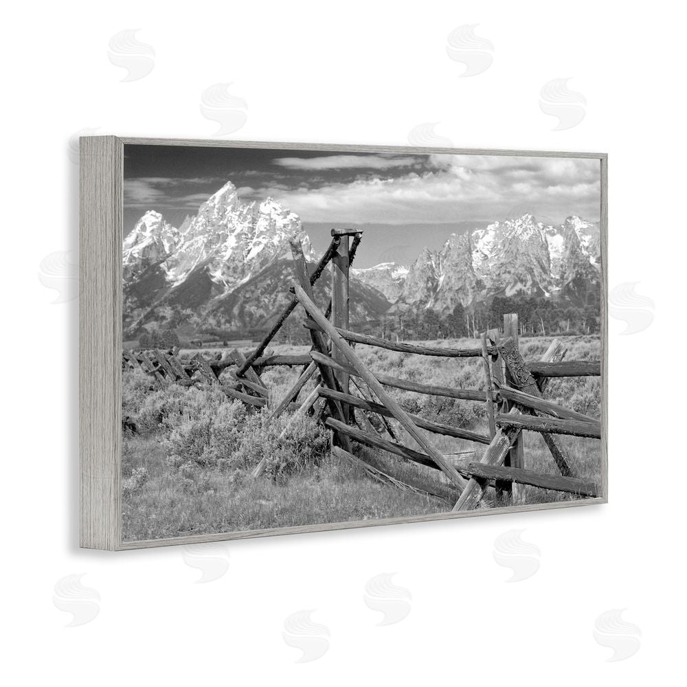MJ Photography Grand Tetons Mountains & Fence Gray Framed Giclee Print Wall Art