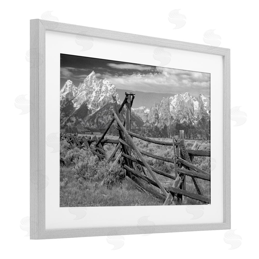 MJ Photography Grand Tetons Mountains & Fence Gray Framed Print Under Glass Wall Art