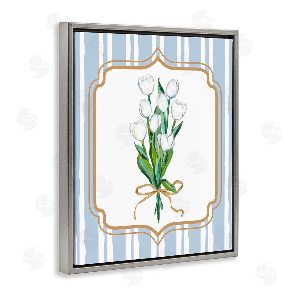 Adonna Ebrahimi White Tulip Bouquet & Stripes Gray Floating Frame Canvas Wall Art Print