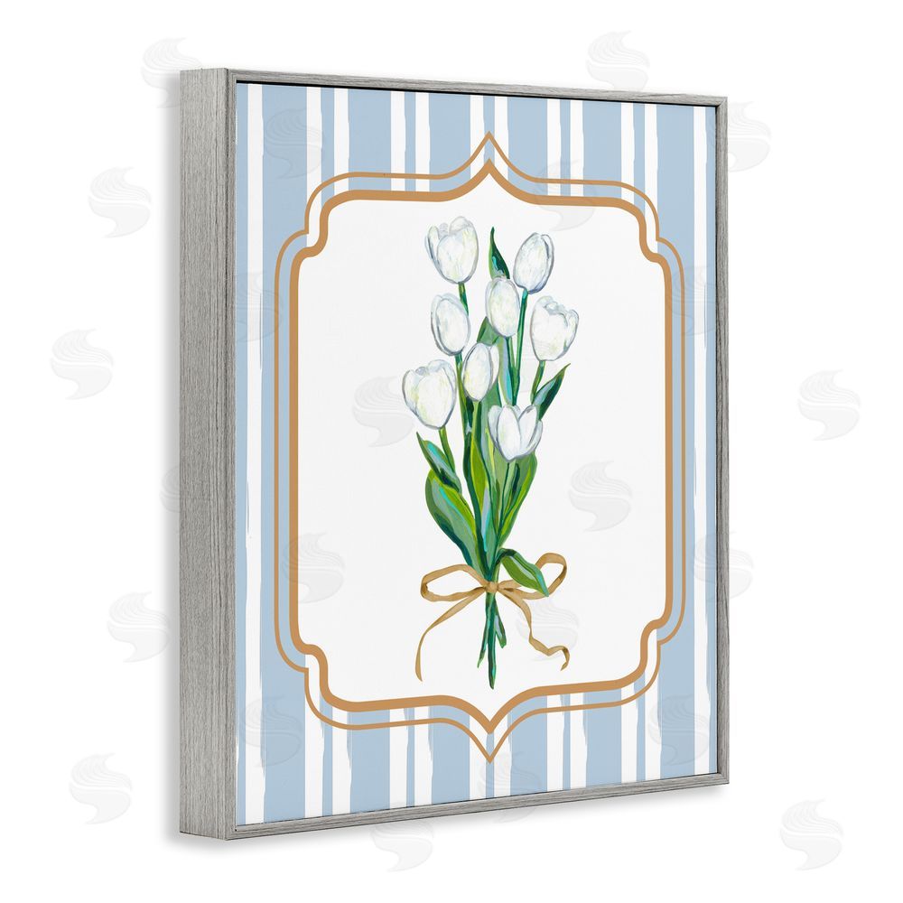Adonna Ebrahimi White Tulip Bouquet & Stripes Gray Framed Giclee Print Wall Art