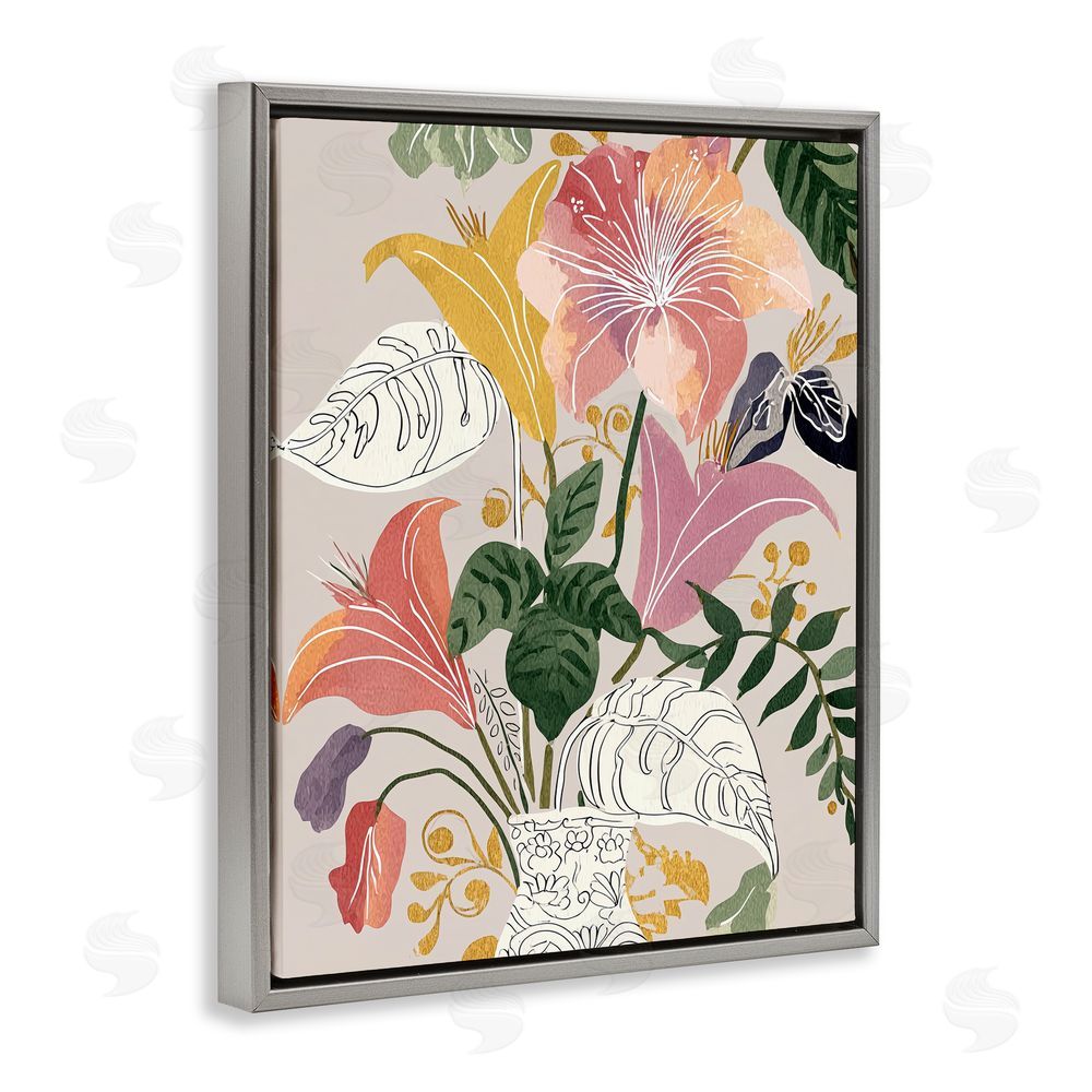 Annabelle Hall Playful Flower Bouquet Gray Floating Frame Canvas Wall Art Print