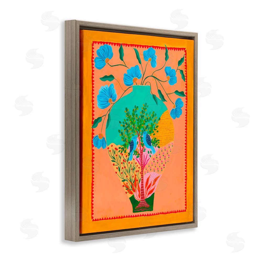 Nabeela Rumi Bluebirds & Boho Flower Vase Brown Floating Frame Canvas Wall Art Print