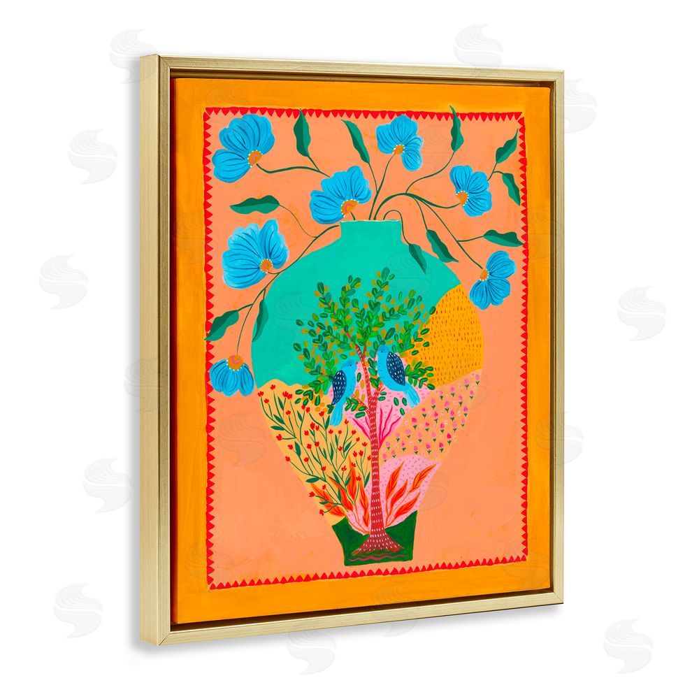 Nabeela Rumi Bluebirds & Boho Flower Vase Gold Floating Frame Canvas Wall Art Print