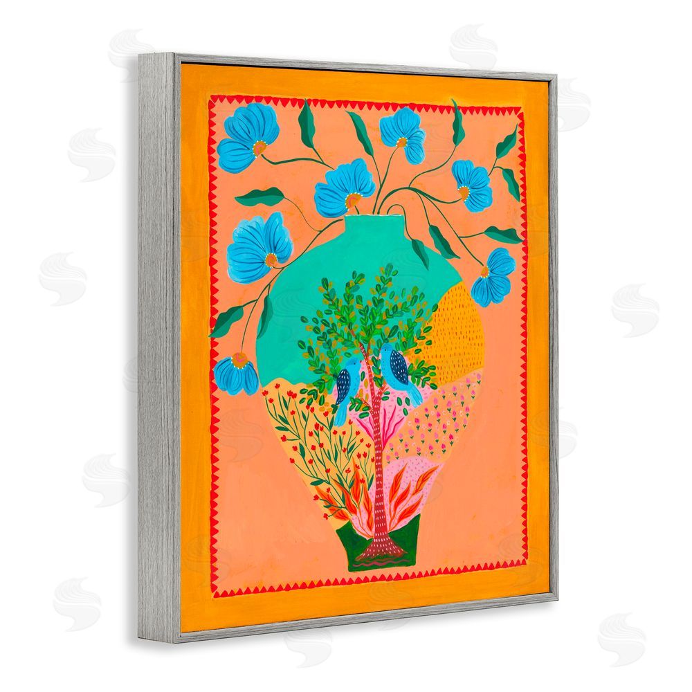 Nabeela Rumi Bluebirds & Boho Flower Vase Gray Framed Giclee Print Wall Art