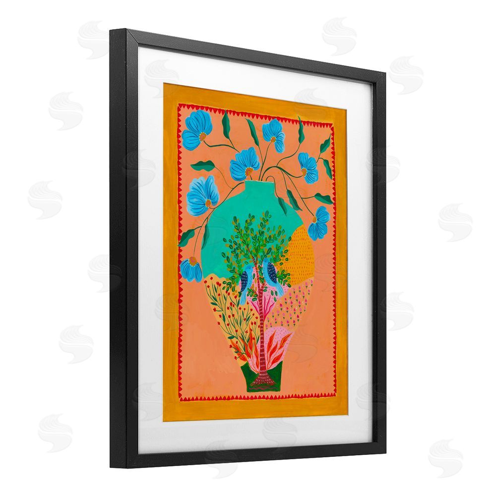 Nabeela Rumi Bluebirds & Boho Flower Vase Black Framed Print Under Glass Wall Art