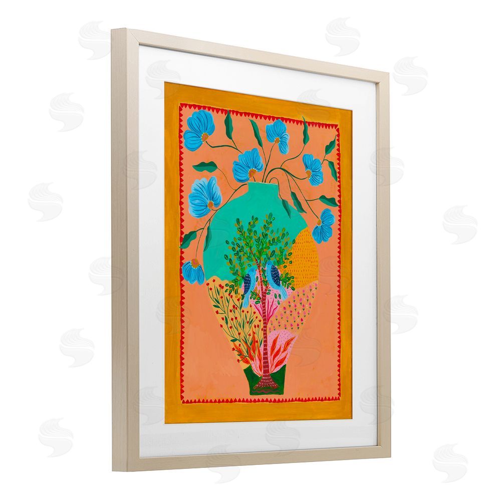 Nabeela Rumi Bluebirds & Boho Flower Vase Brown Framed Print Under Glass Wall Art