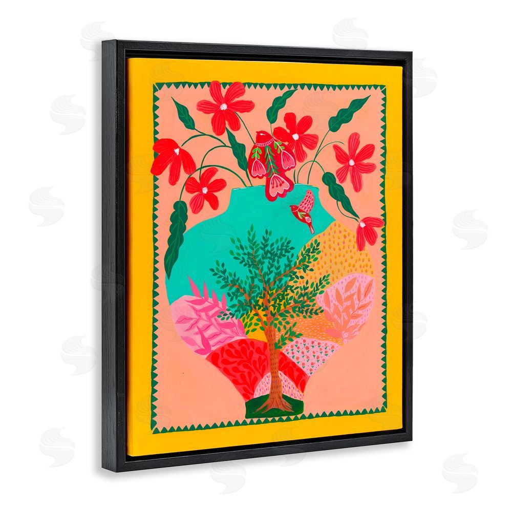Nabeela Rumi Folk Patterned Hope Vase Black Floating Frame Canvas Wall Art Print