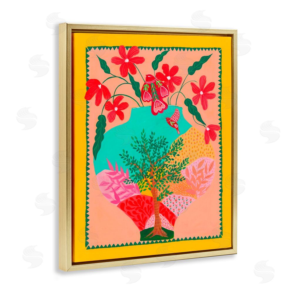 Nabeela Rumi Folk Patterned Hope Vase Gold Floating Frame Canvas Wall Art Print