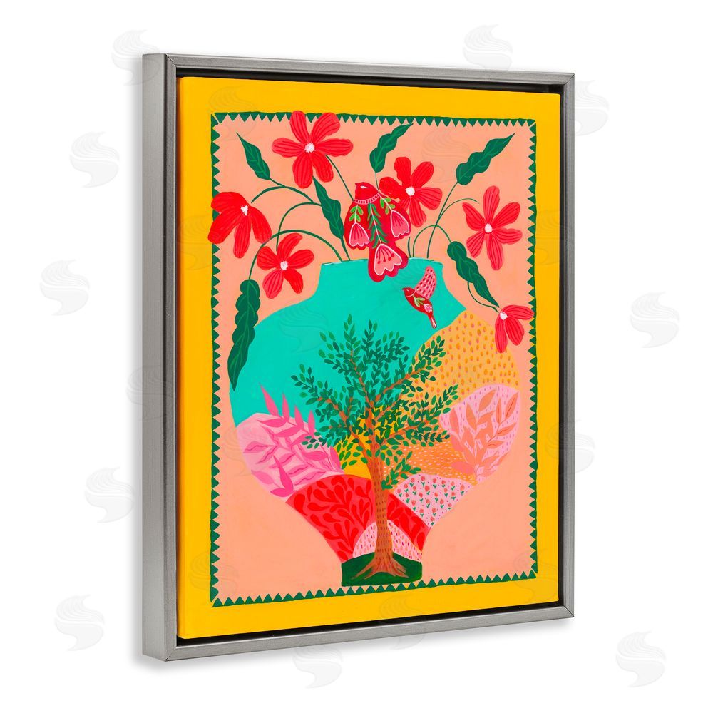 Nabeela Rumi Folk Patterned Hope Vase Gray Floating Frame Canvas Wall Art Print