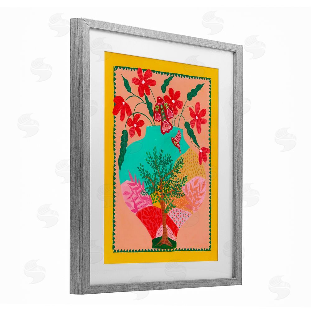 Nabeela Rumi Folk Patterned Hope Vase Gray Framed Print Under Glass Wall Art