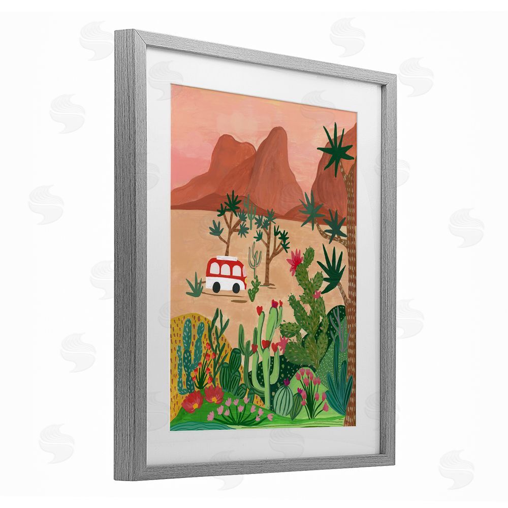 Nabeela Rumi Desert Camper & Cacti Gray Framed Print Under Glass Wall Art
