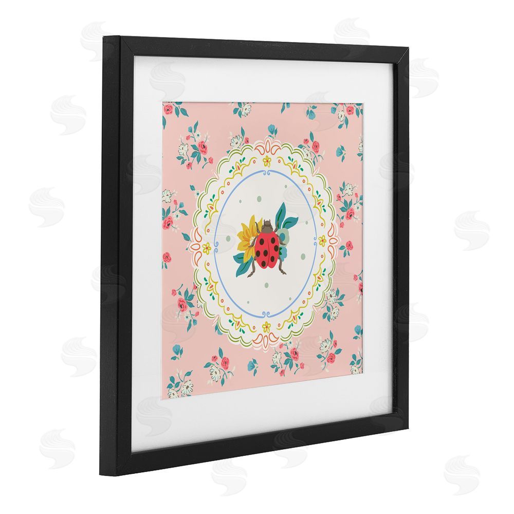 Angela Steahling Spring Lady Bug Lace Pattern Black Framed Print Under Glass Wall Art
