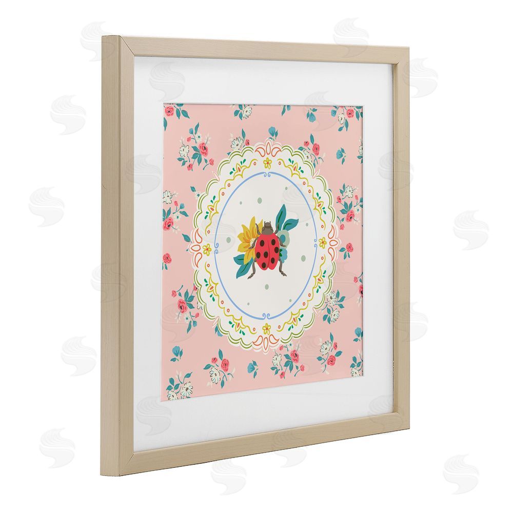 Angela Steahling Spring Lady Bug Lace Pattern Brown Framed Print Under Glass Wall Art