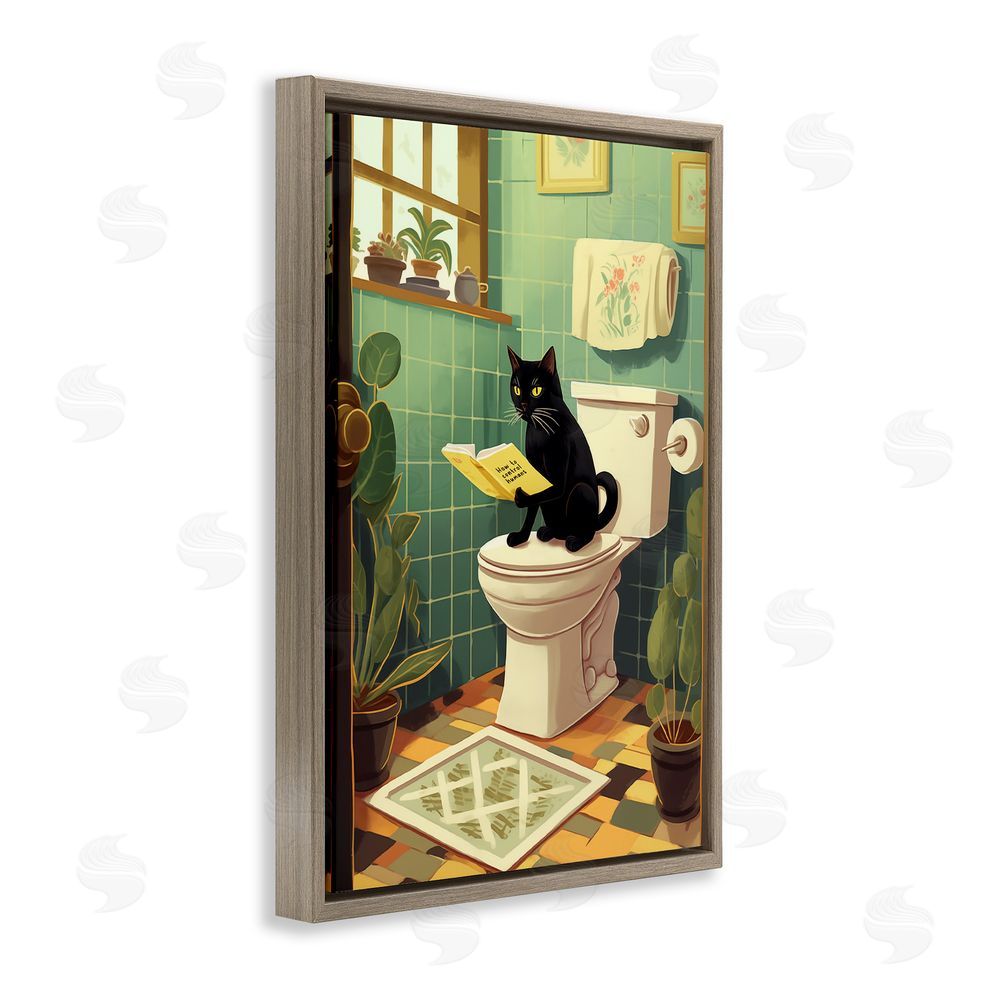 Andreas Magnusson Cat Reading On Toilet Brown Floating Frame Canvas Wall Art Print