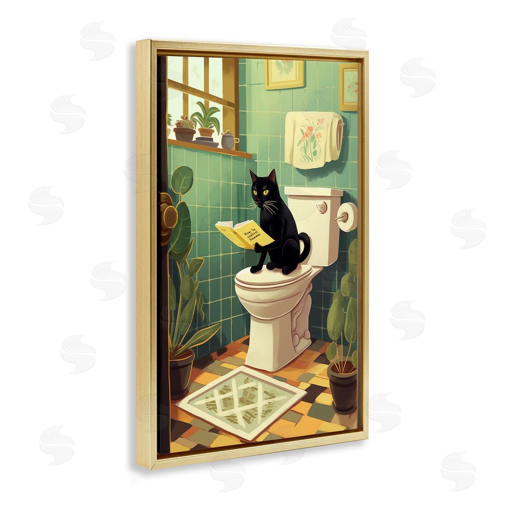 Andreas Magnusson Cat Reading On Toilet Gold Floating Frame Canvas Wall Art Print
