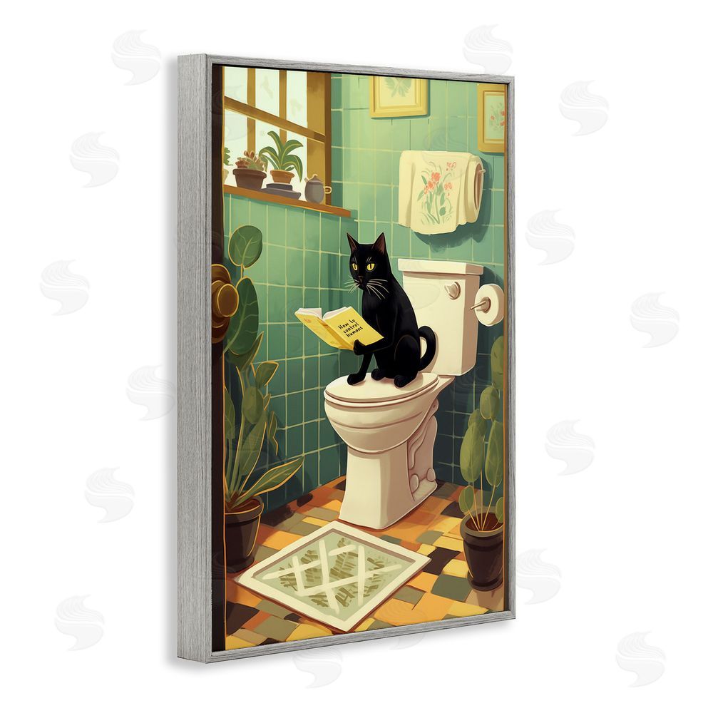 Andreas Magnusson Cat Reading On Toilet Gray Framed Giclee Print Wall Art