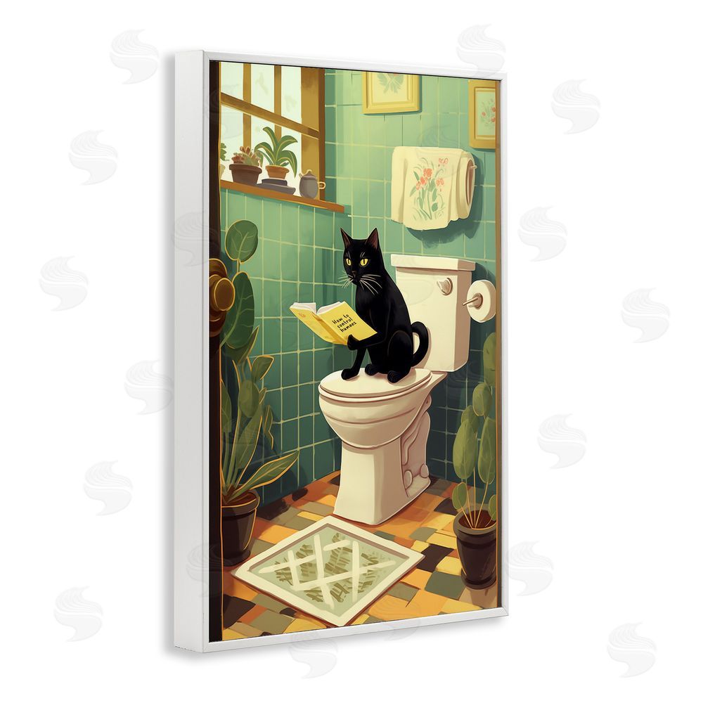 Andreas Magnusson Cat Reading On Toilet White Framed Giclee Print Wall Art