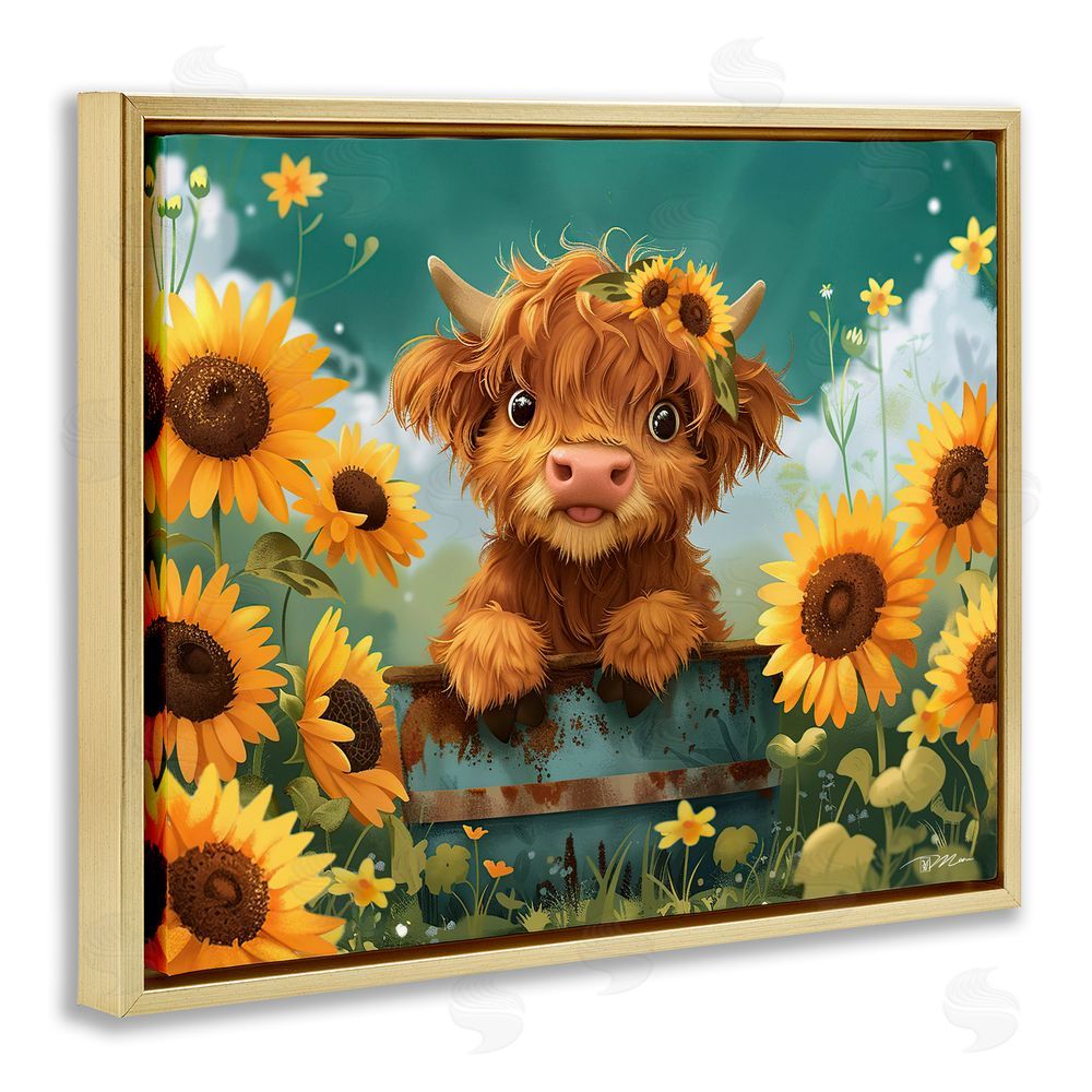 Momart Cute Happy Highland Cow Gold Floating Frame Canvas Wall Art Print