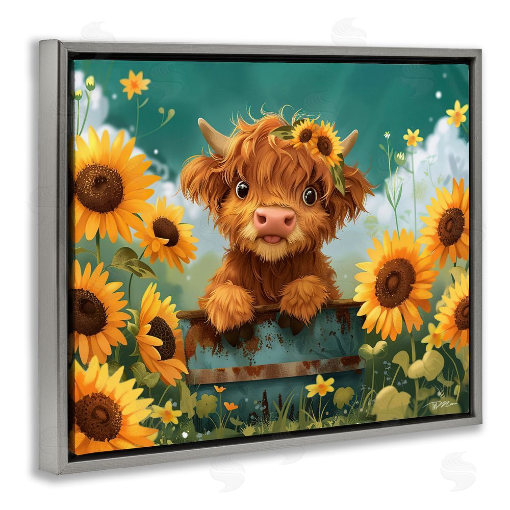 Momart Cute Happy Highland Cow Gray Floating Frame Canvas Wall Art Print
