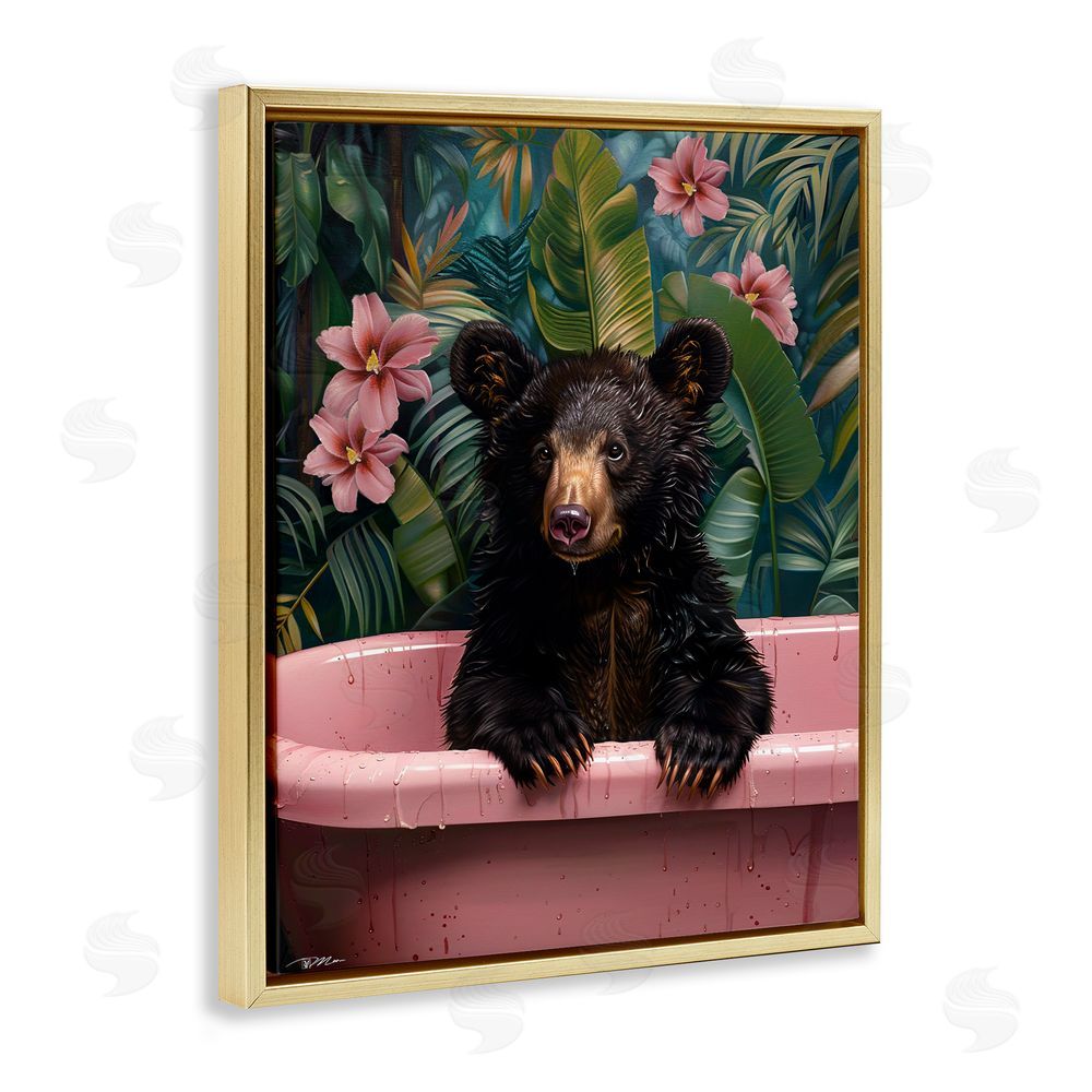 Momart Bruno Bear in Pink Tub Gold Floating Frame Canvas Wall Art Print