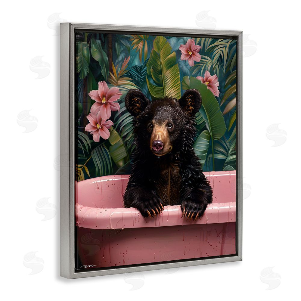 Momart Bruno Bear in Pink Tub Gray Floating Frame Canvas Wall Art Print