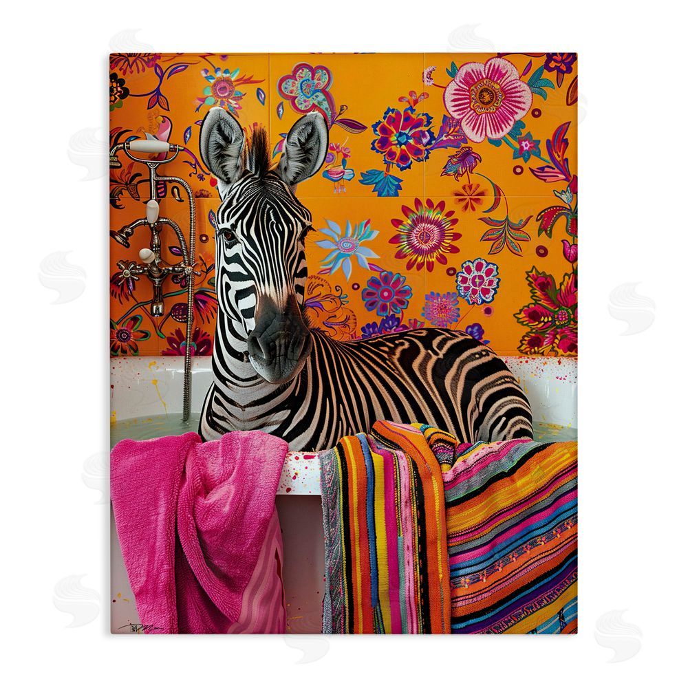 Momart Zebra Bath with Colorful Towel Stretched Canvas Wall Art Print