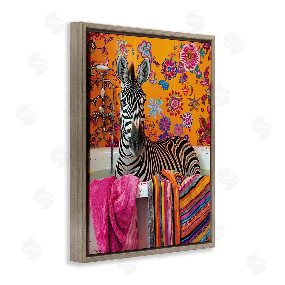 Momart Zebra Bath with Colorful Towel Brown Floating Frame Canvas Wall Art Print