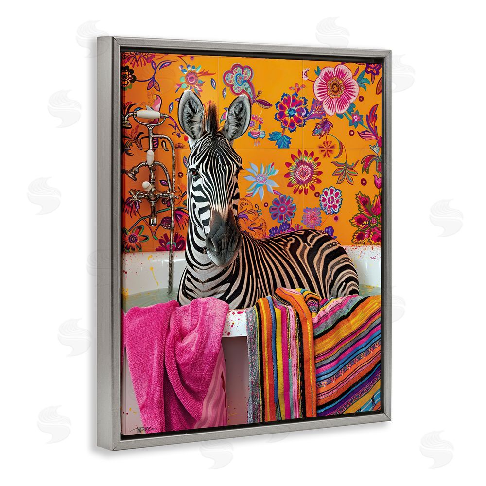 Momart Zebra Bath with Colorful Towel Gray Floating Frame Canvas Wall Art Print