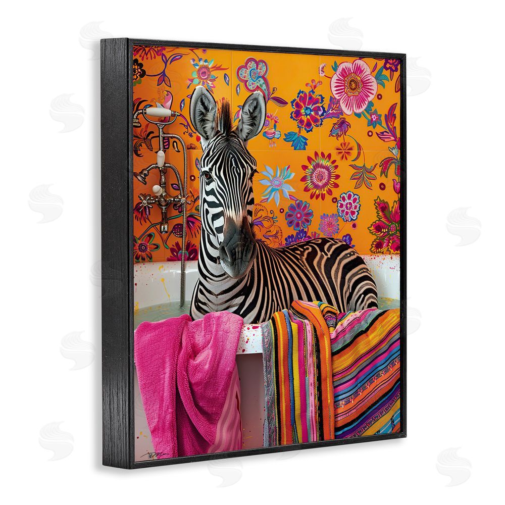 Momart Zebra Bath with Colorful Towel Black Framed Giclee Print Wall Art