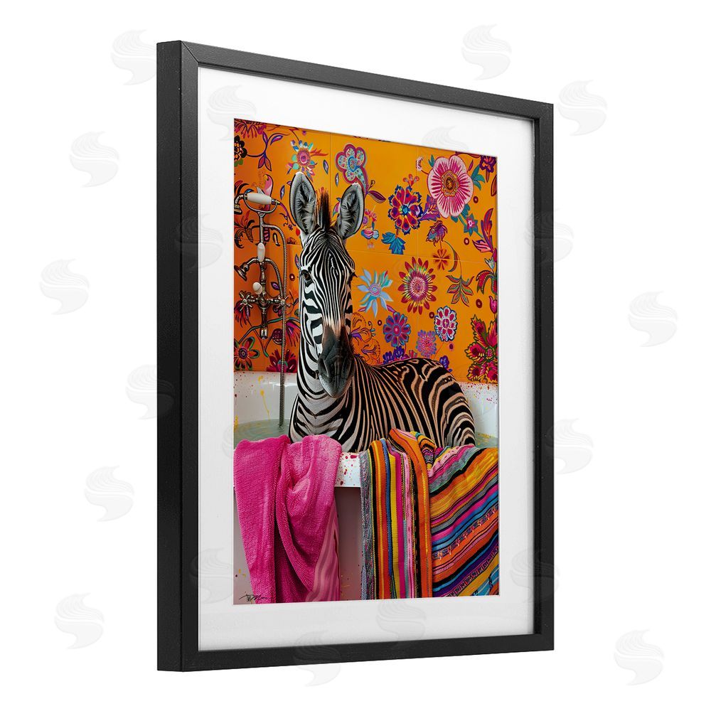Momart Zebra Bath with Colorful Towel Black Framed Print Under Glass Wall Art