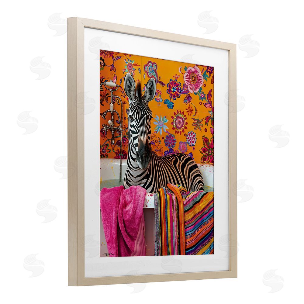 Momart Zebra Bath with Colorful Towel Brown Framed Print Under Glass Wall Art