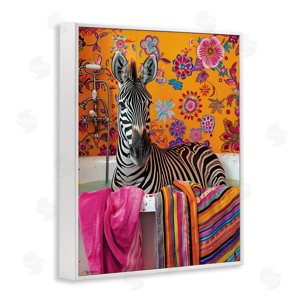 Momart Zebra Bath with Colorful Towel White Framed Giclee Print Wall Art