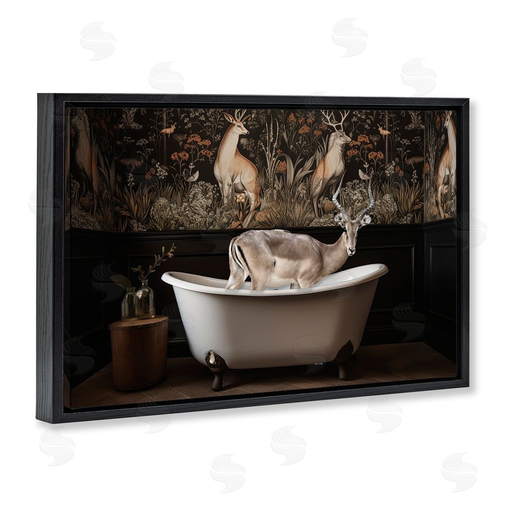 Sasha Forest Elk Rustic Bath Time Black Floating Frame Canvas Wall Art Print