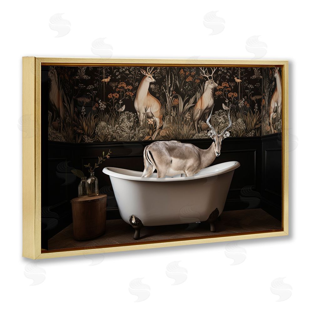 Sasha Forest Elk Rustic Bath Time Gold Floating Frame Canvas Wall Art Print