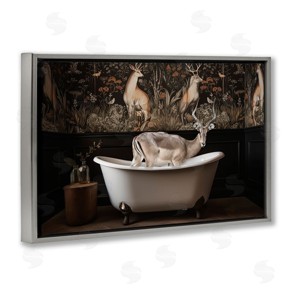 Sasha Forest Elk Rustic Bath Time Gray Floating Frame Canvas Wall Art Print