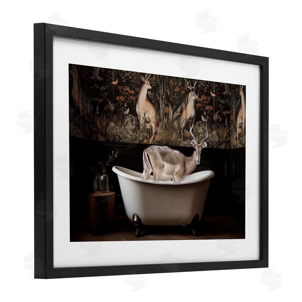 Sasha Forest Elk Rustic Bath Time Black Framed Print Under Glass with White Mat Wall Art