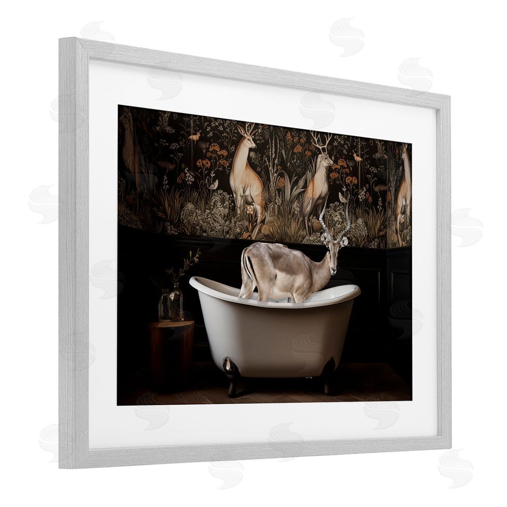 Sasha Forest Elk Rustic Bath Time Gray Framed Print Under Glass with White Mat Wall Art