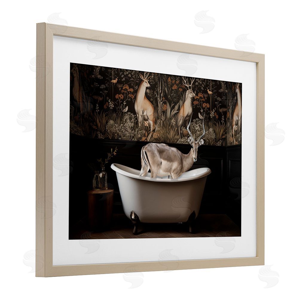 Sasha Forest Elk Rustic Bath Time Birch Framed Print Under Glass with White Mat Wall Art
