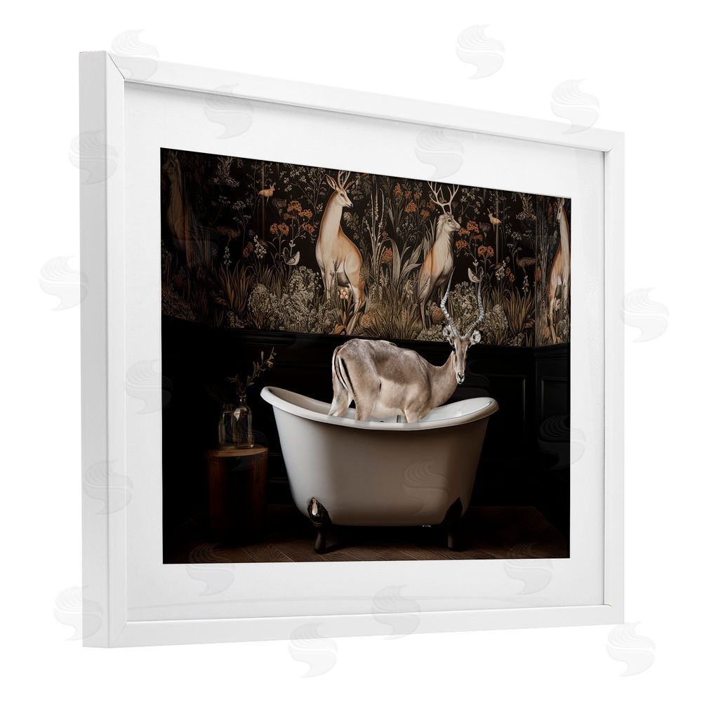 Sasha Forest Elk Rustic Bath Time White Framed Print Under Glass with Mat Wall Art