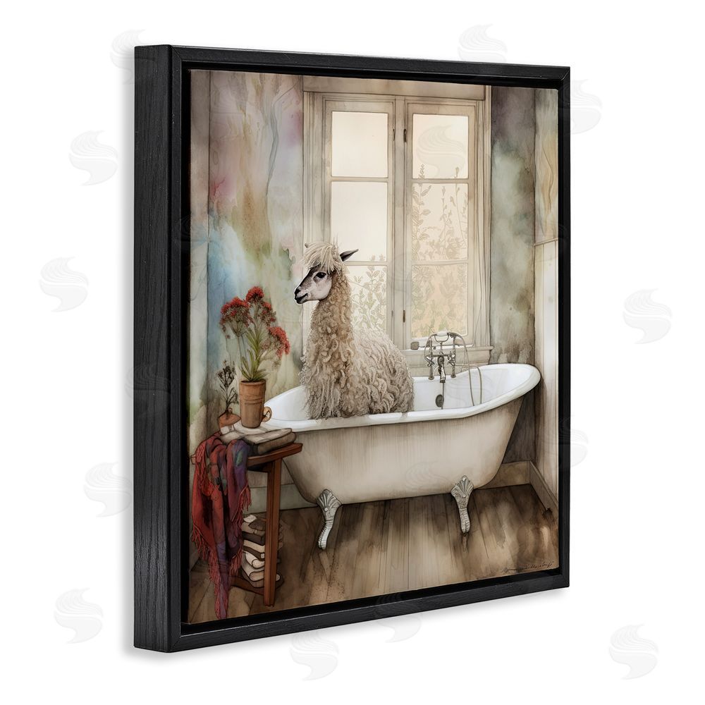 Sasha Shaggy Alpaca Bath Time Black Floating Frame Canvas Wall Art Print