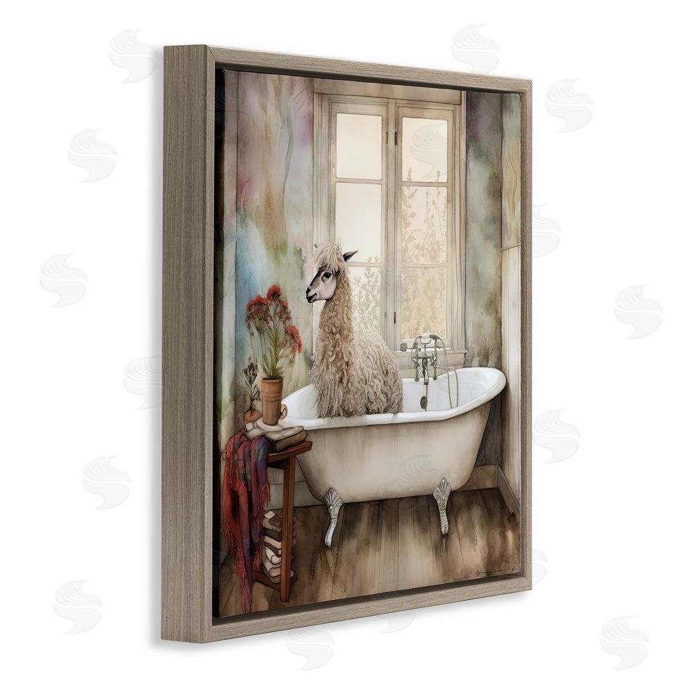 Sasha Shaggy Alpaca Bath Time Brown Floating Frame Canvas Wall Art Print