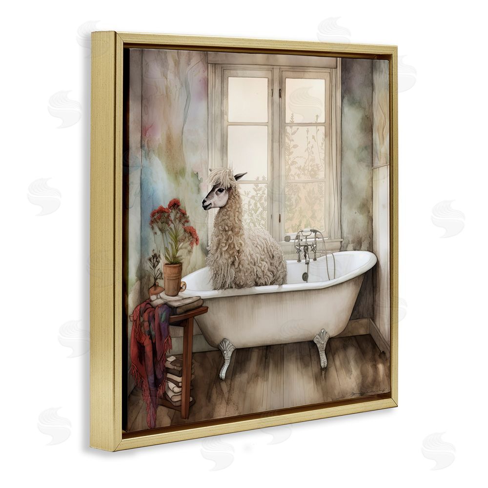Sasha Shaggy Alpaca Bath Time Gold Floating Frame Canvas Wall Art Print