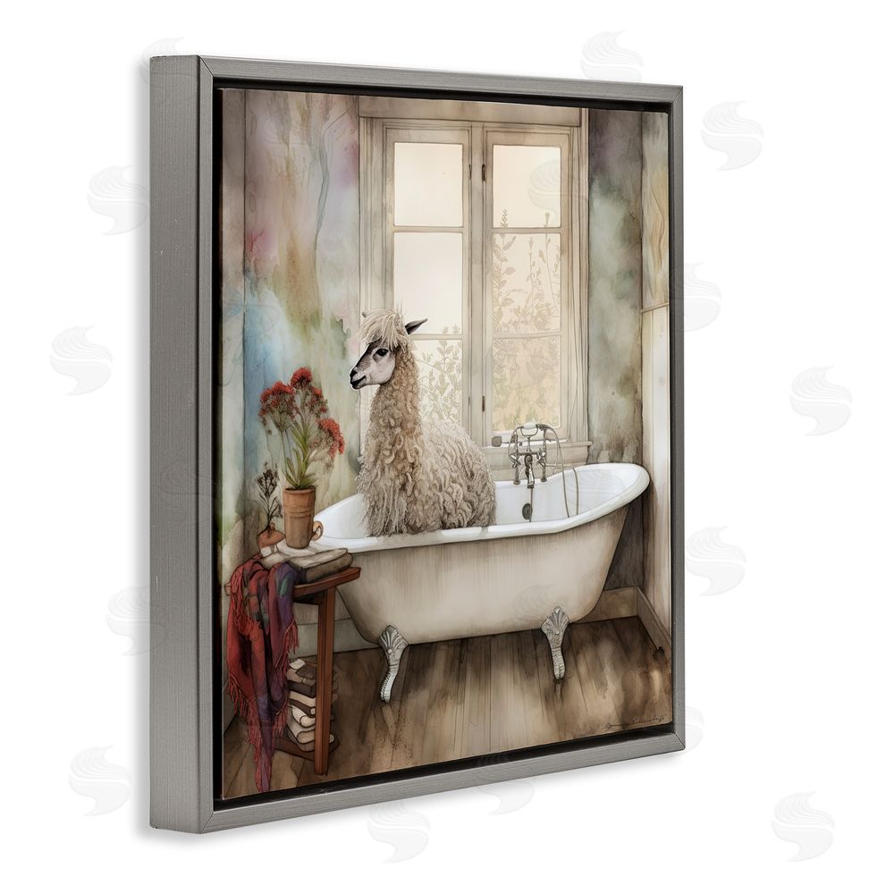 Sasha Shaggy Alpaca Bath Time Gray Floating Frame Canvas Wall Art Print