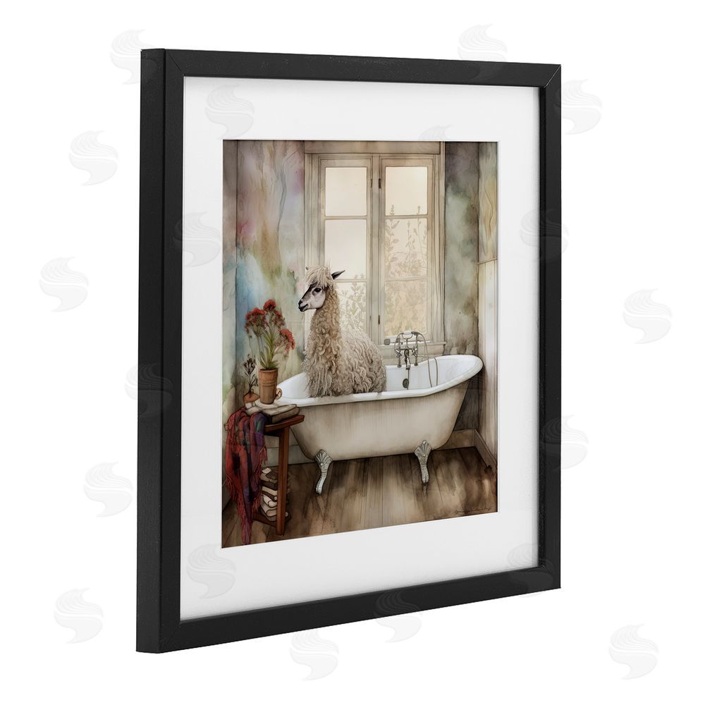 Sasha Shaggy Alpaca Bath Time Black Framed Print Under Glass with White Mat Wall Art