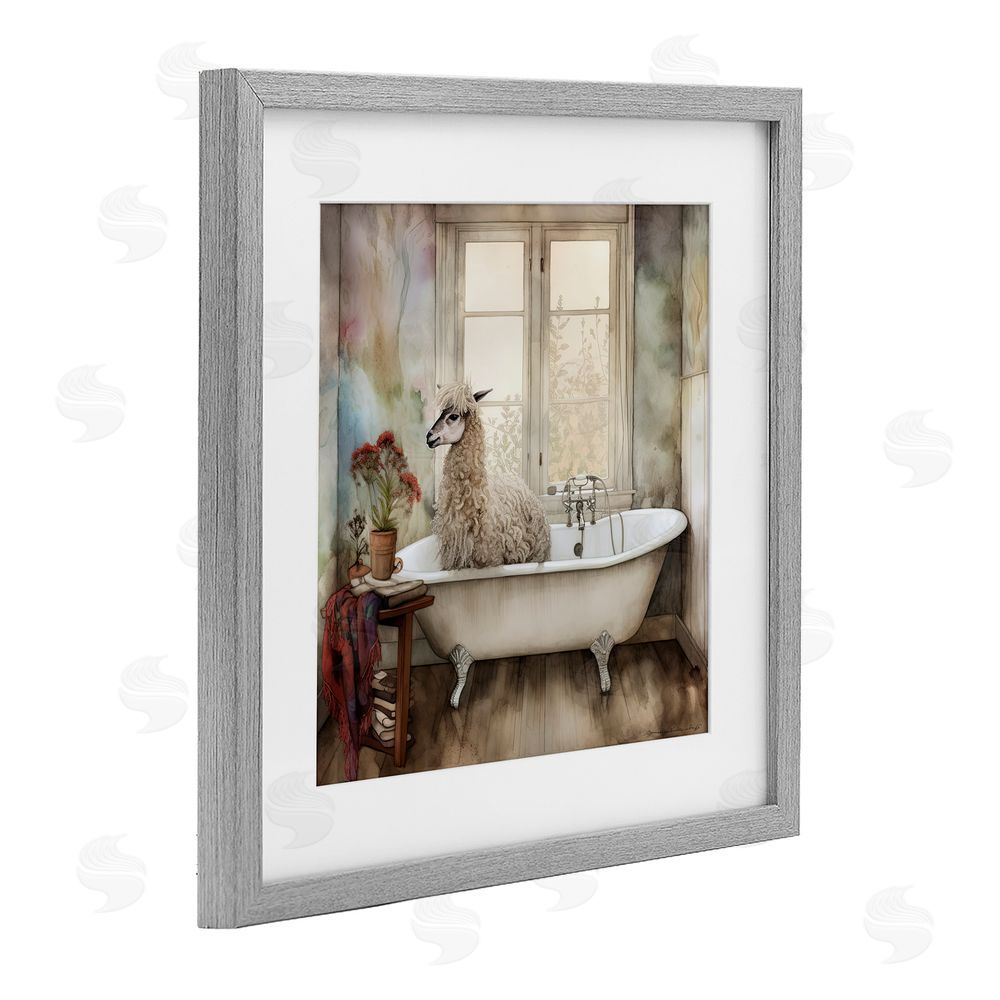 Sasha Shaggy Alpaca Bath Time Gray Framed Print Under Glass with White Mat Wall Art