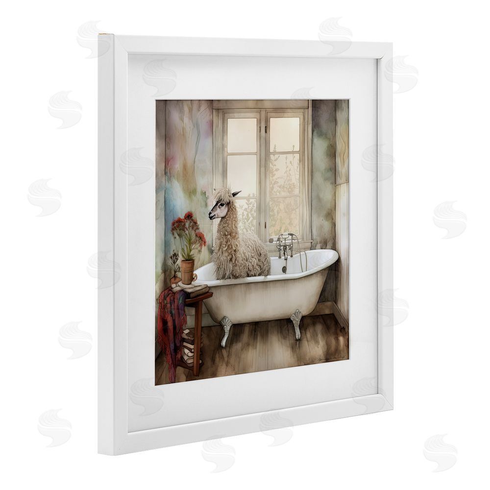 Sasha Shaggy Alpaca Bath Time White Framed Print Under Glass with Mat Wall Art
